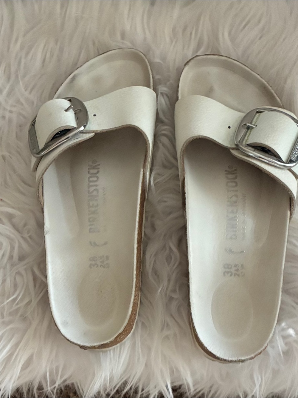 Birkenstock White Slide Sandals - Silver buckle Sz 38 - Picture 2 of 12